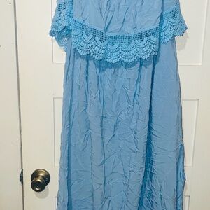 Blue Off-Shoulder Dress with Lace Trim